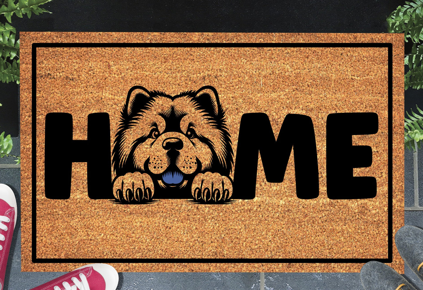 Chow Chow doormat shown in a front doorway entryway setting