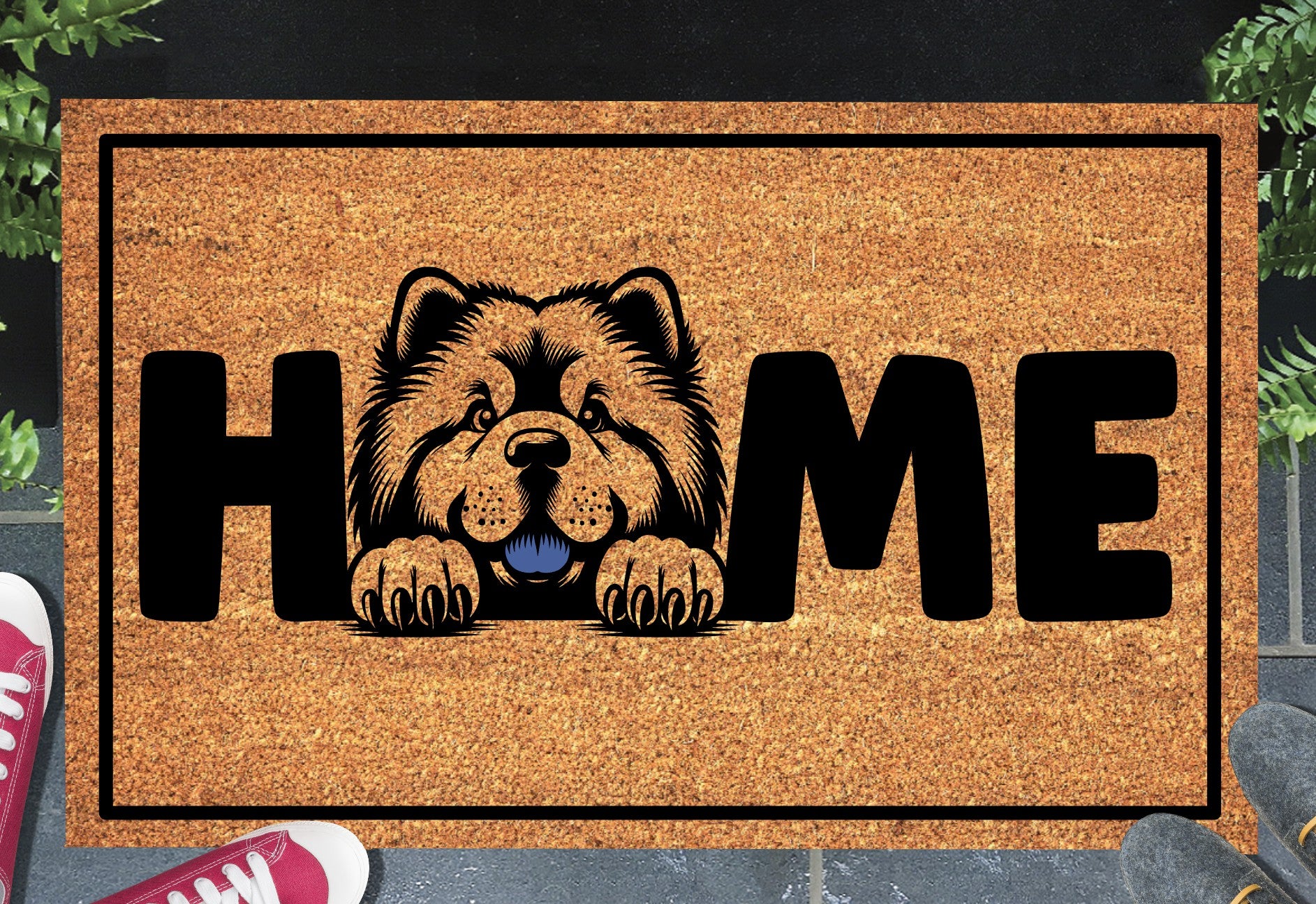 Chow Chow doormat shown in a front doorway entryway setting