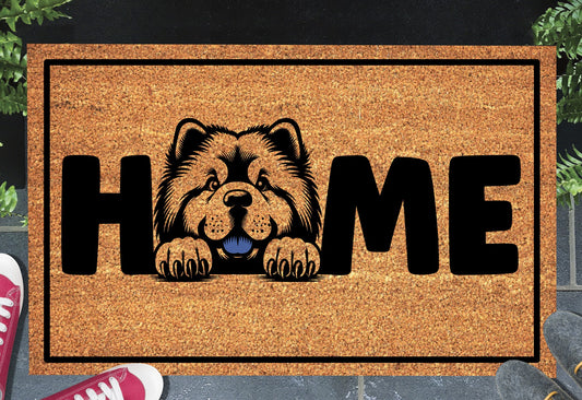 Chow Chow doormat shown in a front doorway entryway setting
