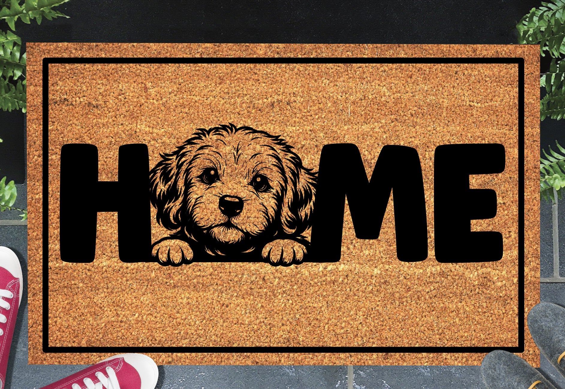 Cockapoo Home doormat displayed at the front doorway of a house