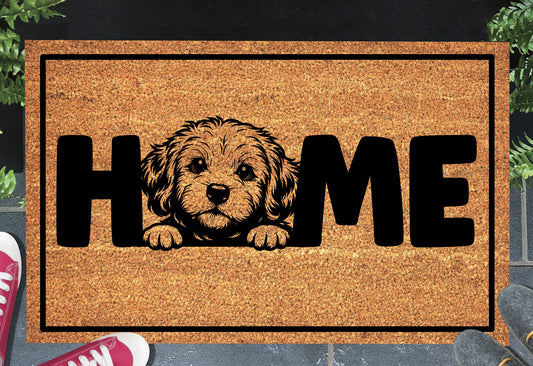 Cockapoo Home doormat displayed at the front doorway of a house