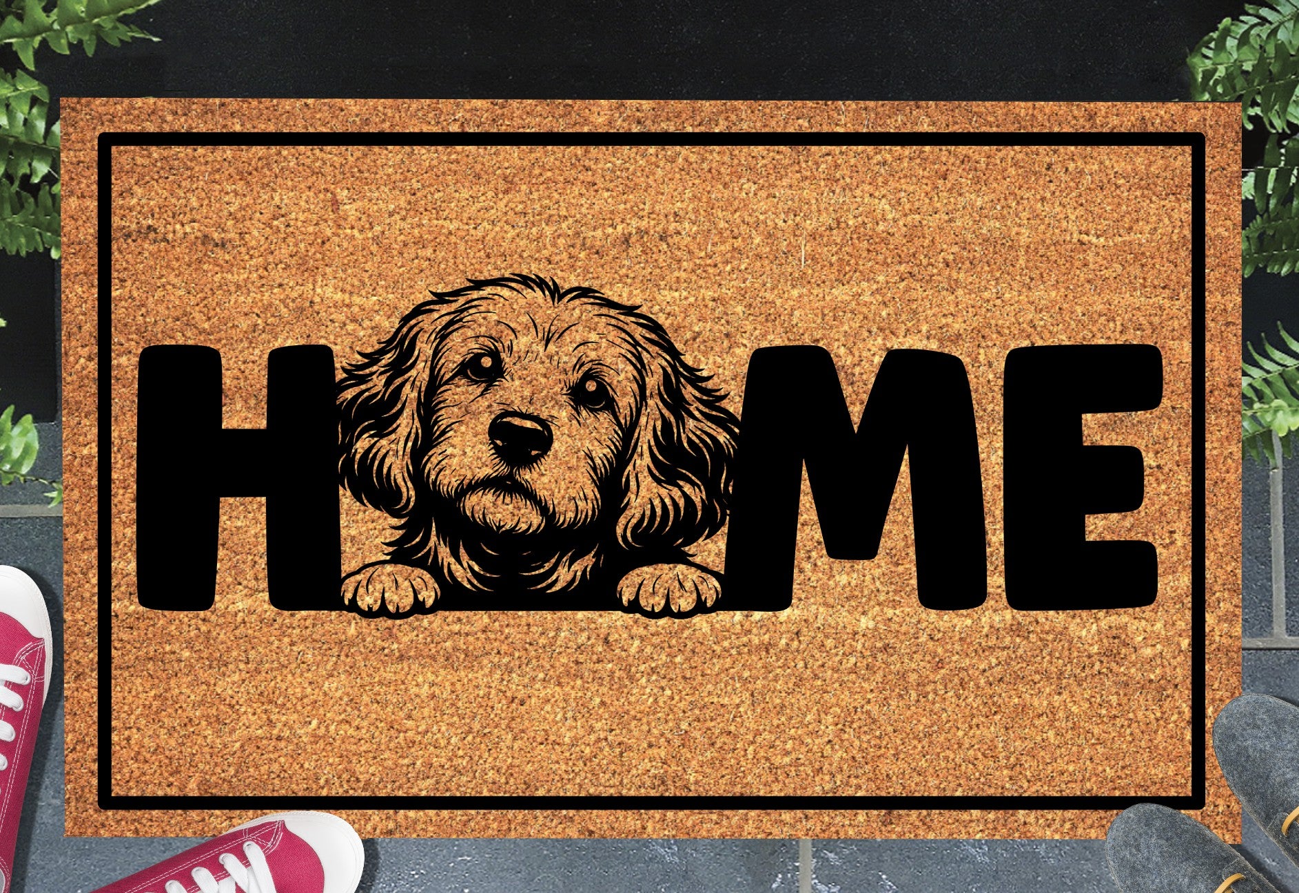 Cockapoo Home doormat displayed at the doorway of a house