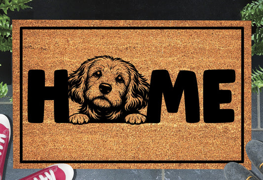 Cockapoo Home doormat displayed at the doorway of a house