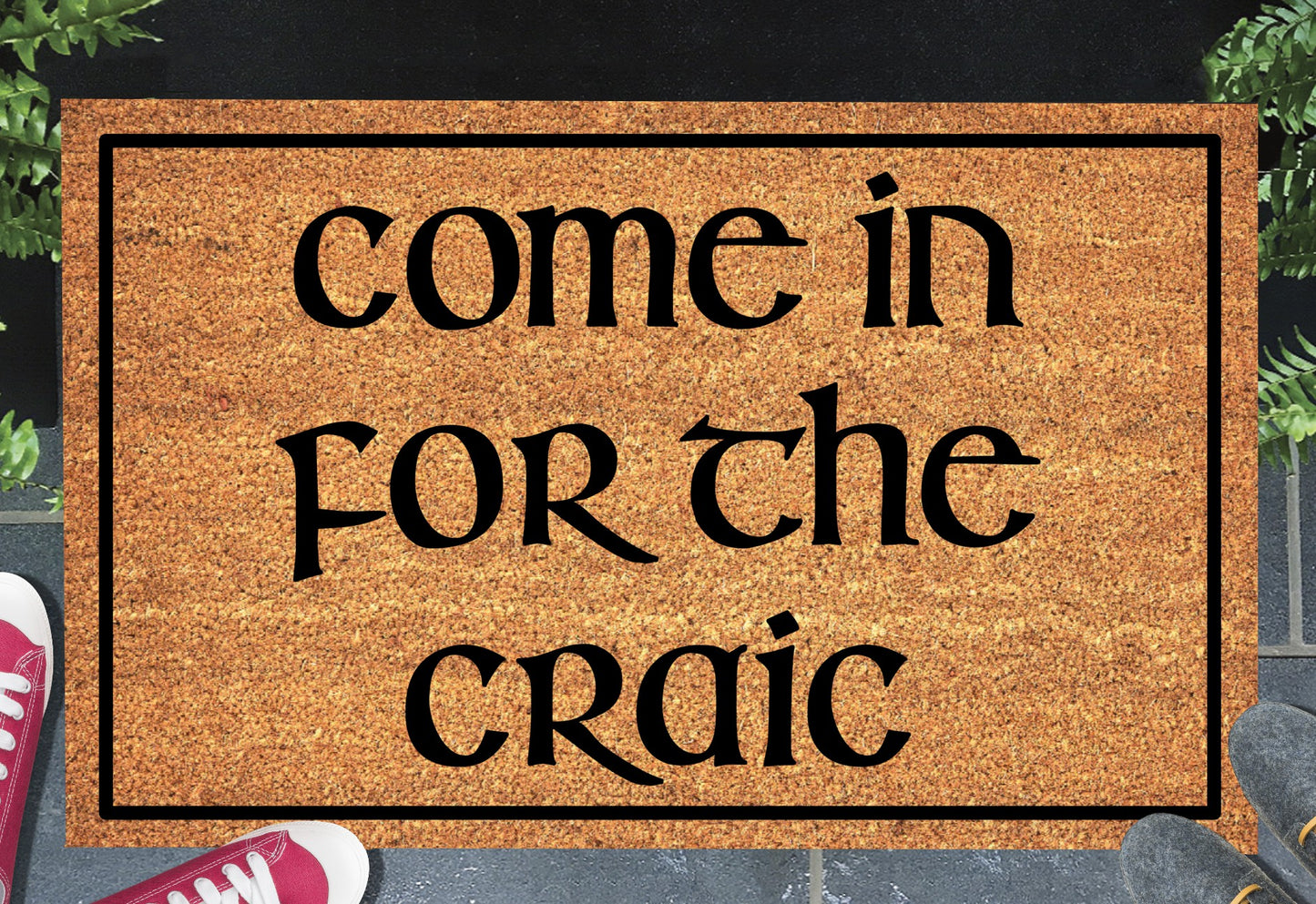 Come In For The Craic doormat in entryway – natural coir Irish welcome mat