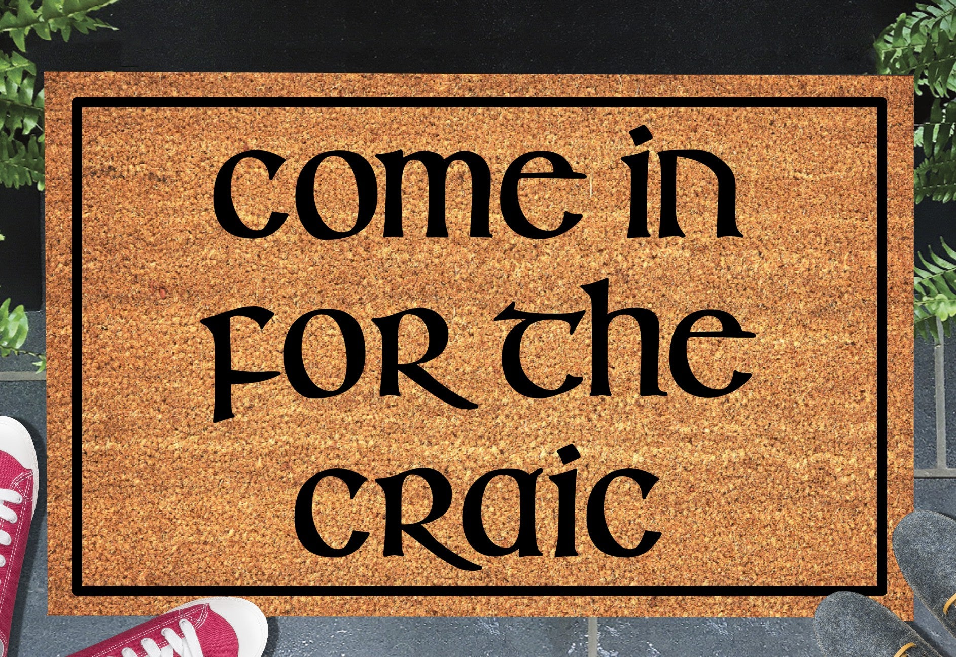 Come In For The Craic doormat in entryway – natural coir Irish welcome mat