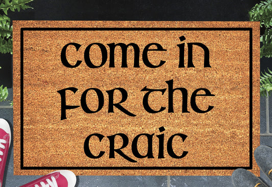 Come In For The Craic doormat in entryway – natural coir Irish welcome mat