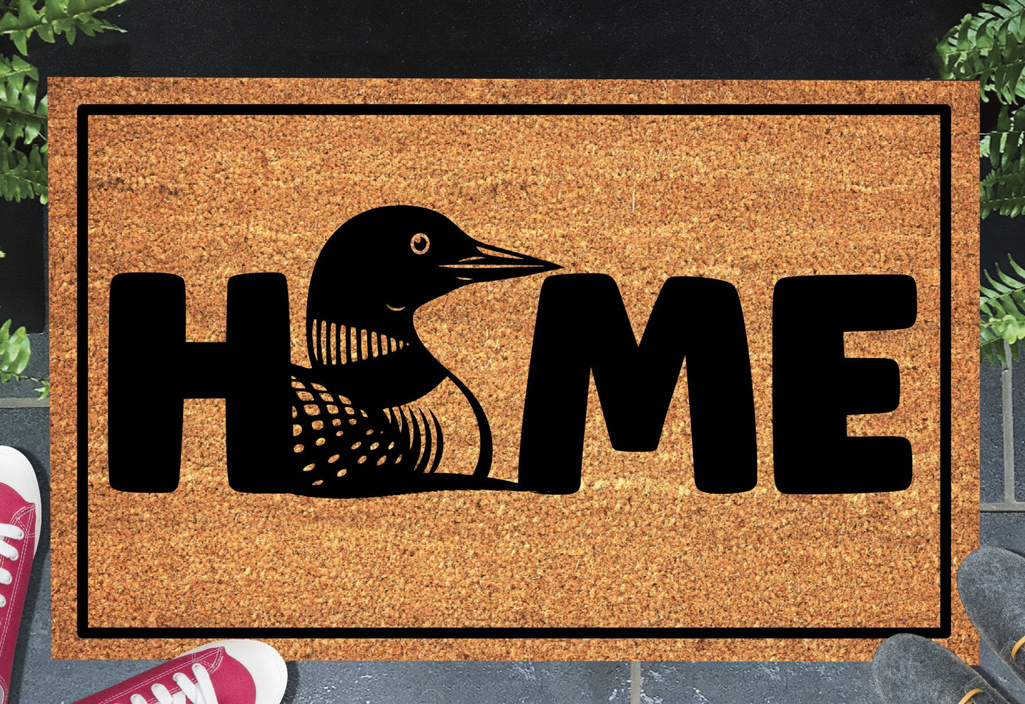 Common Loon Doormat #1 on a front doorway — natural coir welcome mat