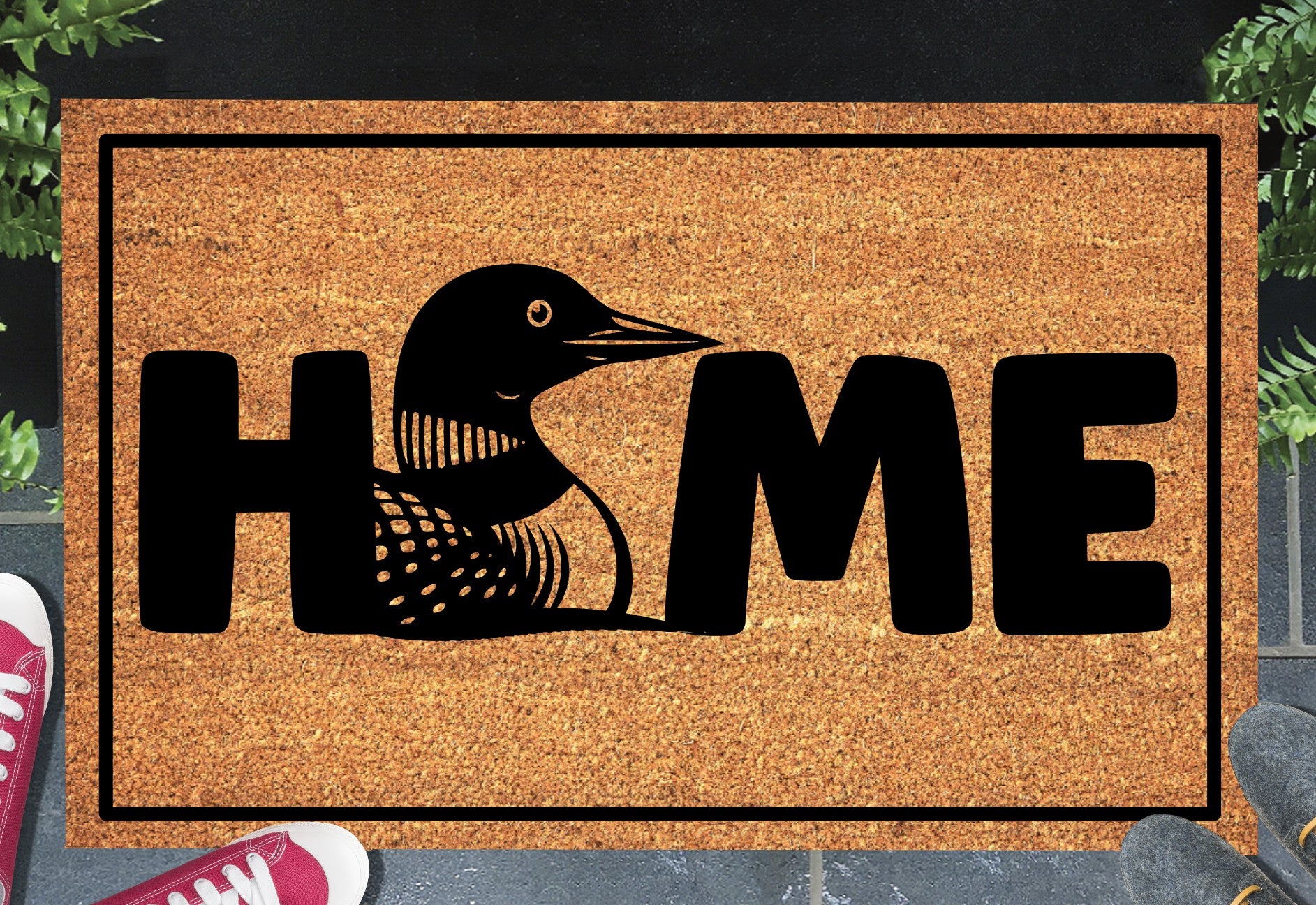 Common Loon Doormat #1 on a front doorway — natural coir welcome mat