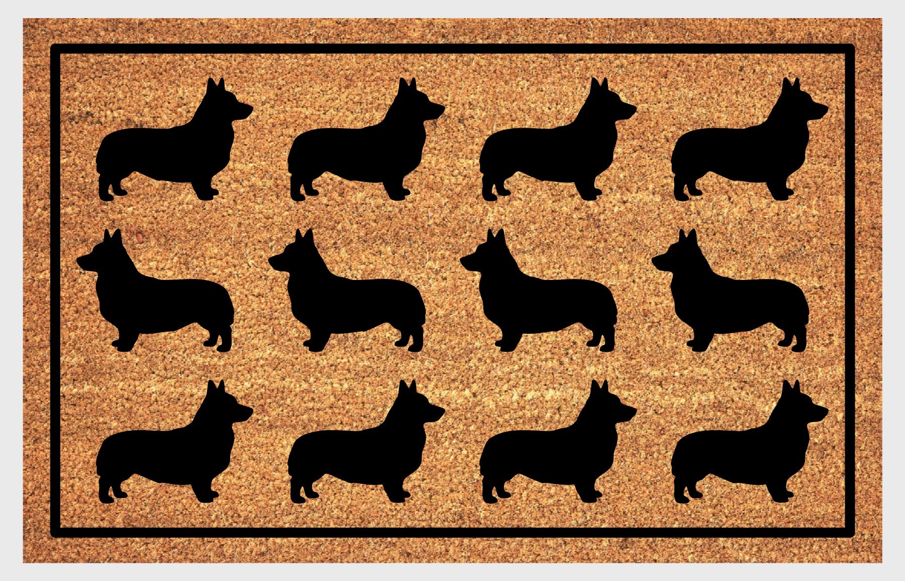 Corgi Parade coir doormat — rows of Corgi silhouettes in a repeating pattern on a natural coir mat with black border