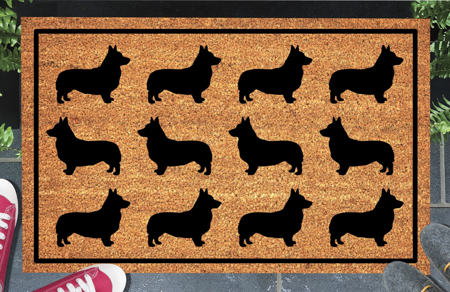 Corgi Parade coir doormat in a doorway setting — rows of Corgi silhouettes in a repeating pattern on a natural coir mat with black border