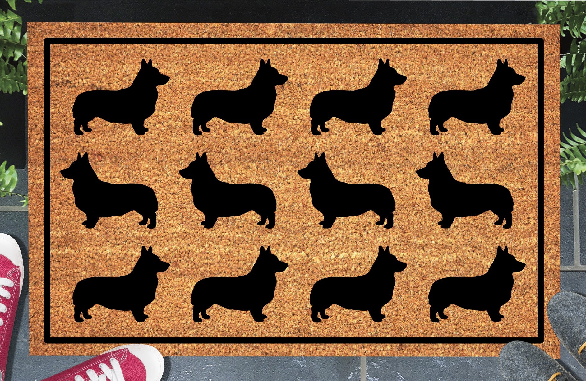 Corgi Parade coir doormat in a doorway setting — rows of Corgi silhouettes in a repeating pattern on a natural coir mat with black border