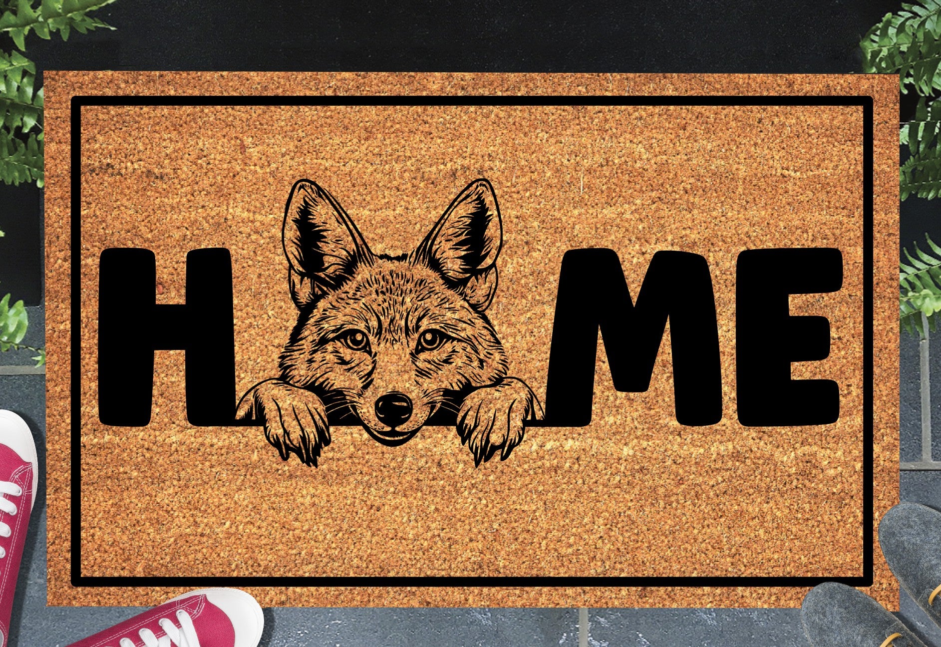 Coyote doormat #1 with home text placed at front door entryway