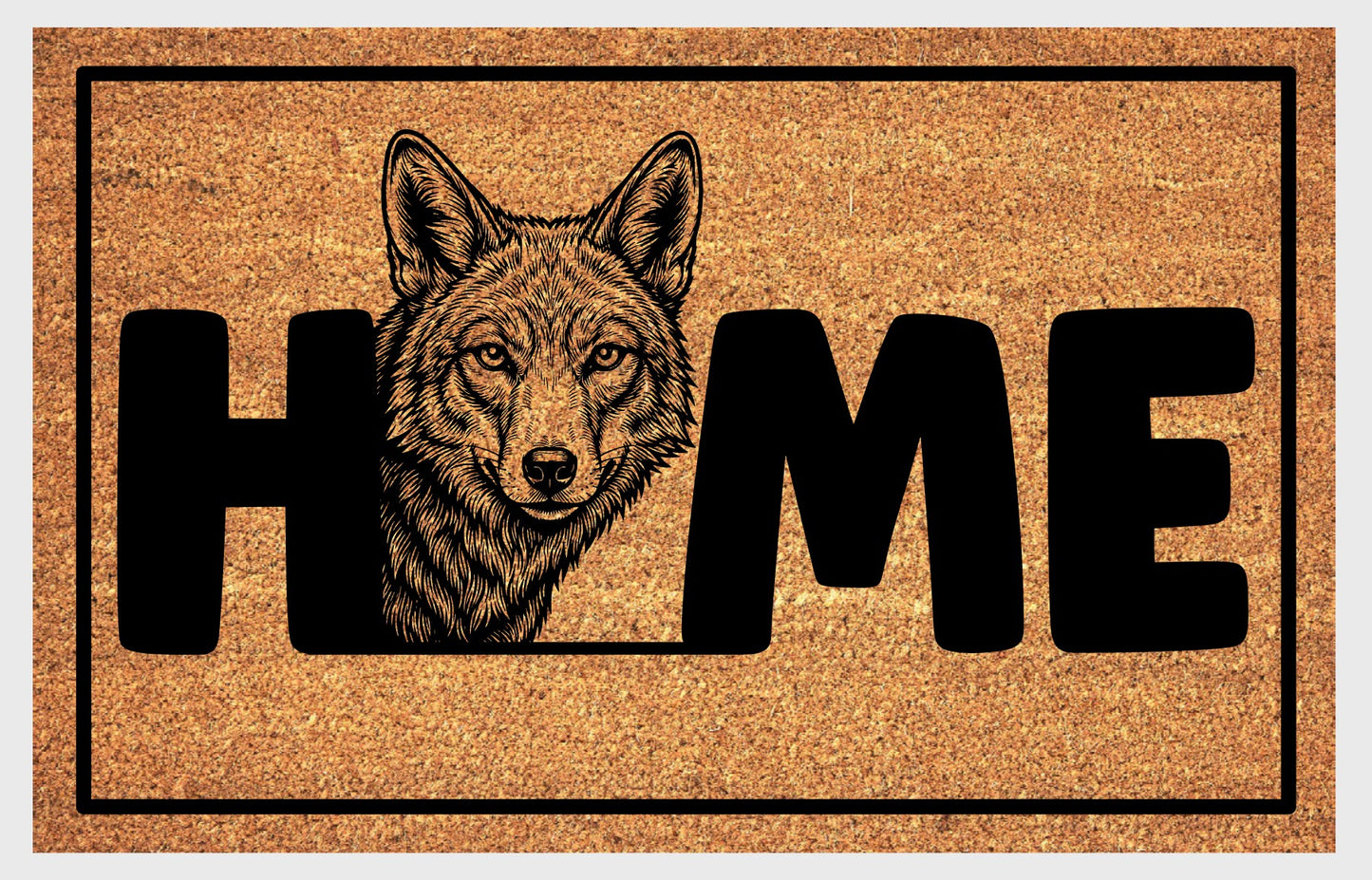 Coyote Doormat #2 product flat lay — second alternate portrait coyote illustration with HOME lettering on natural coir with black border