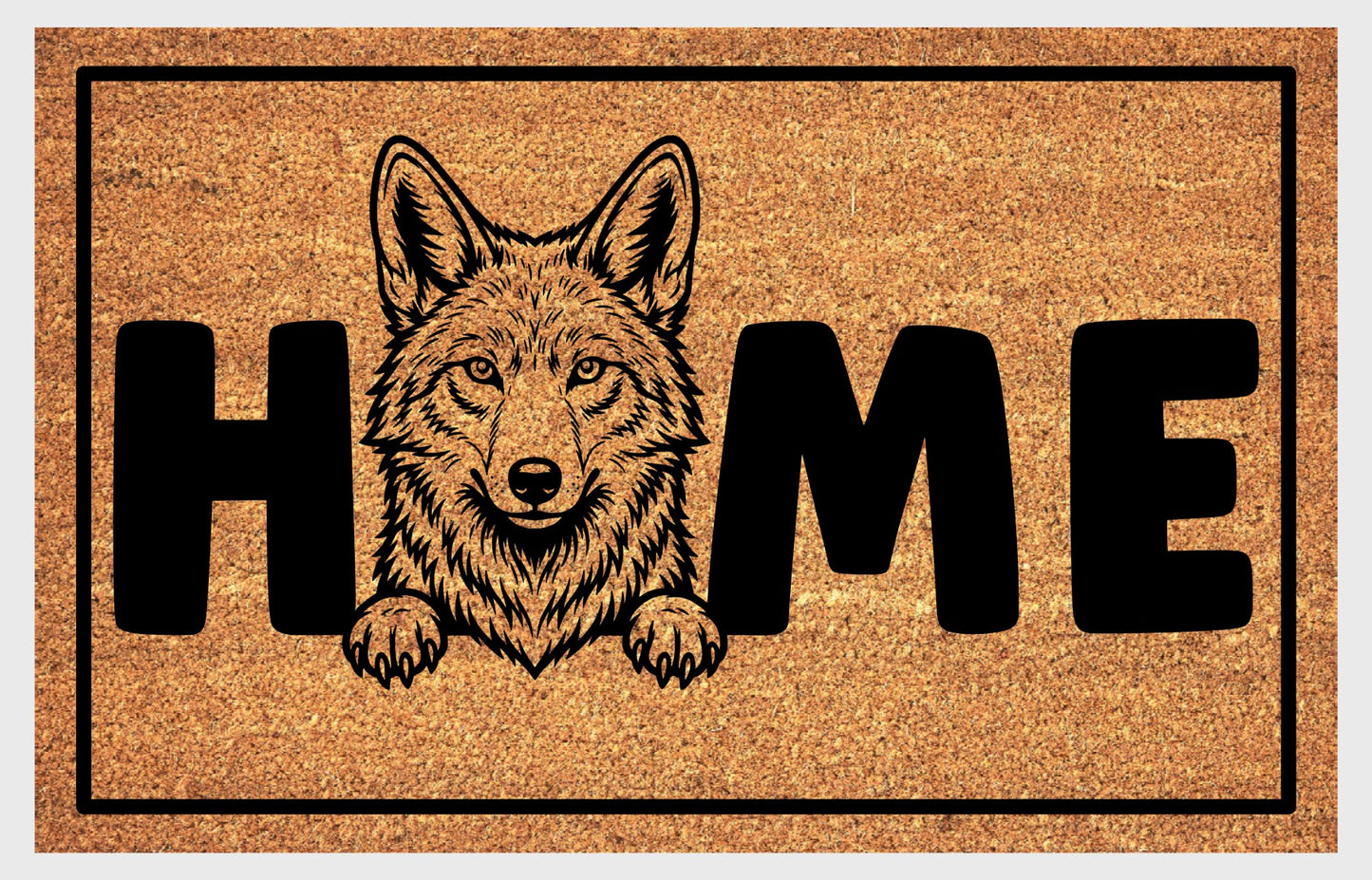 Coyote Doormat #4 product flat lay — fourth alternate portrait coyote illustration with HOME lettering on natural coir with black border