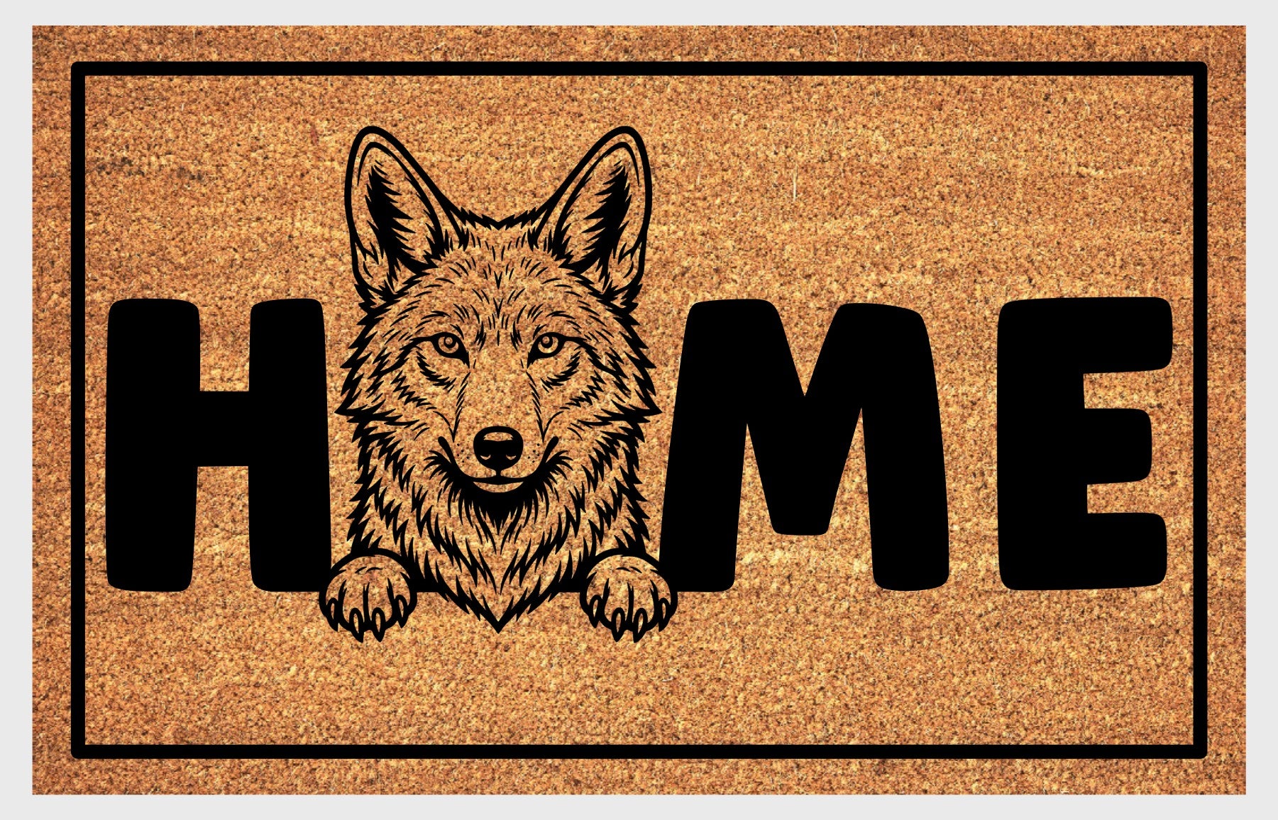 Coyote Doormat #4 product flat lay — fourth alternate portrait coyote illustration with HOME lettering on natural coir with black border
