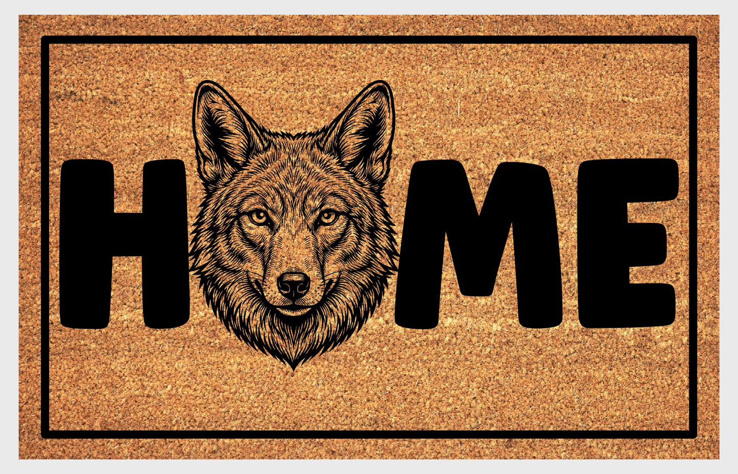 Coyote Doormat #5 product flat lay — fifth alternate portrait coyote illustration with HOME lettering on natural coir with black border