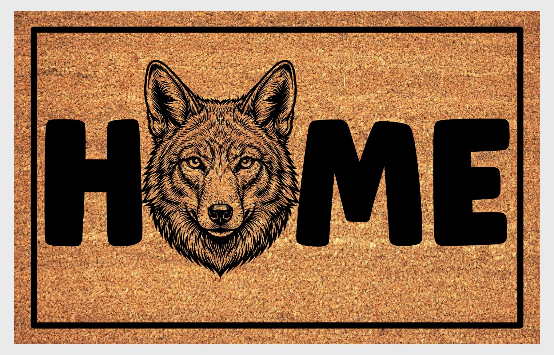 Coyote Doormat #5 product flat lay — fifth alternate portrait coyote illustration with HOME lettering on natural coir with black border