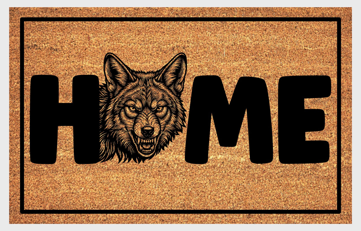 Coyote Doormat #6 product flat lay — sixth alternate portrait snarling coyote illustration with HOME lettering on natural coir with black border