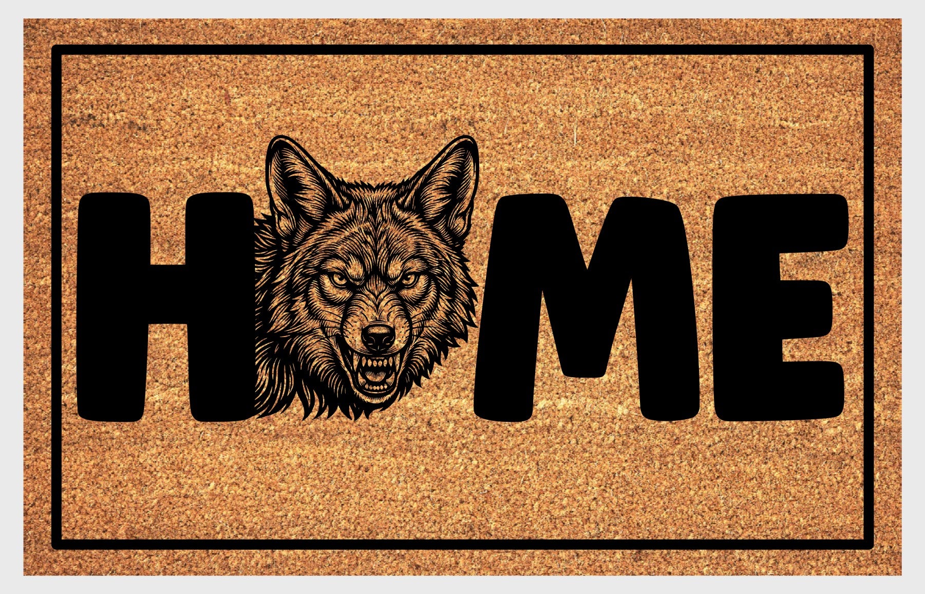 Coyote Doormat #6 product flat lay — sixth alternate portrait snarling coyote illustration with HOME lettering on natural coir with black border