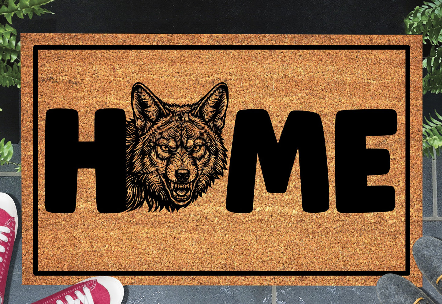 Coyote Doormat #6 shown on a front doorstep — sixth alternate portrait-style snarling coyote illustration with HOME lettering on a natural coir mat with black border