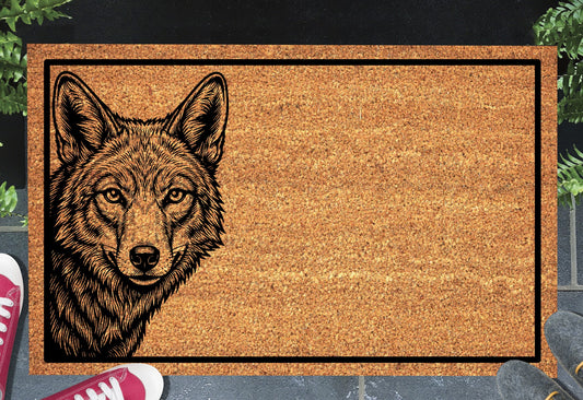  Wolf Peeking Doormat #2 shown on a front doorstep — second alternate etched-style wolf face peering from the side on a natural coir mat with black border