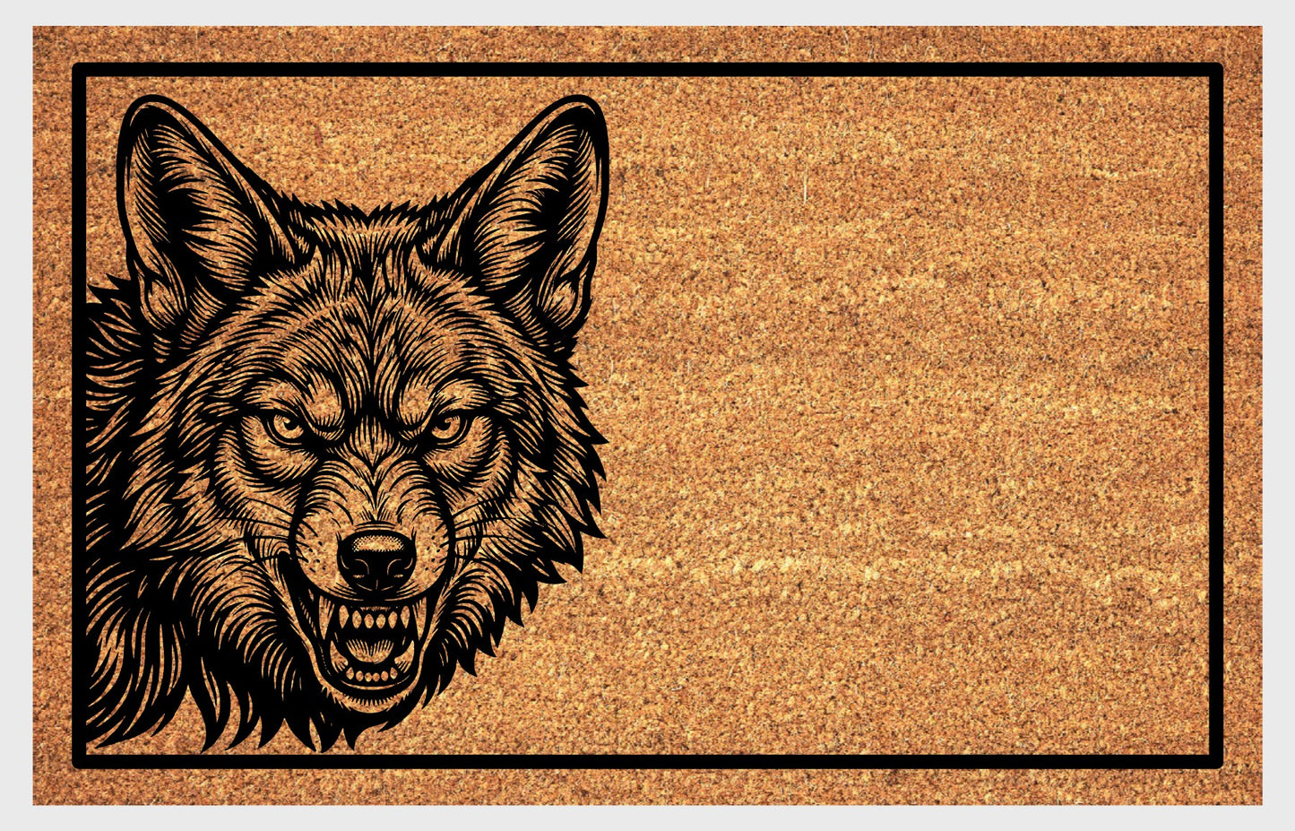 Coyote Peeking Doormat #3 product flat lay — etched-style snarling coyote face peering from the left side on natural coir with black border