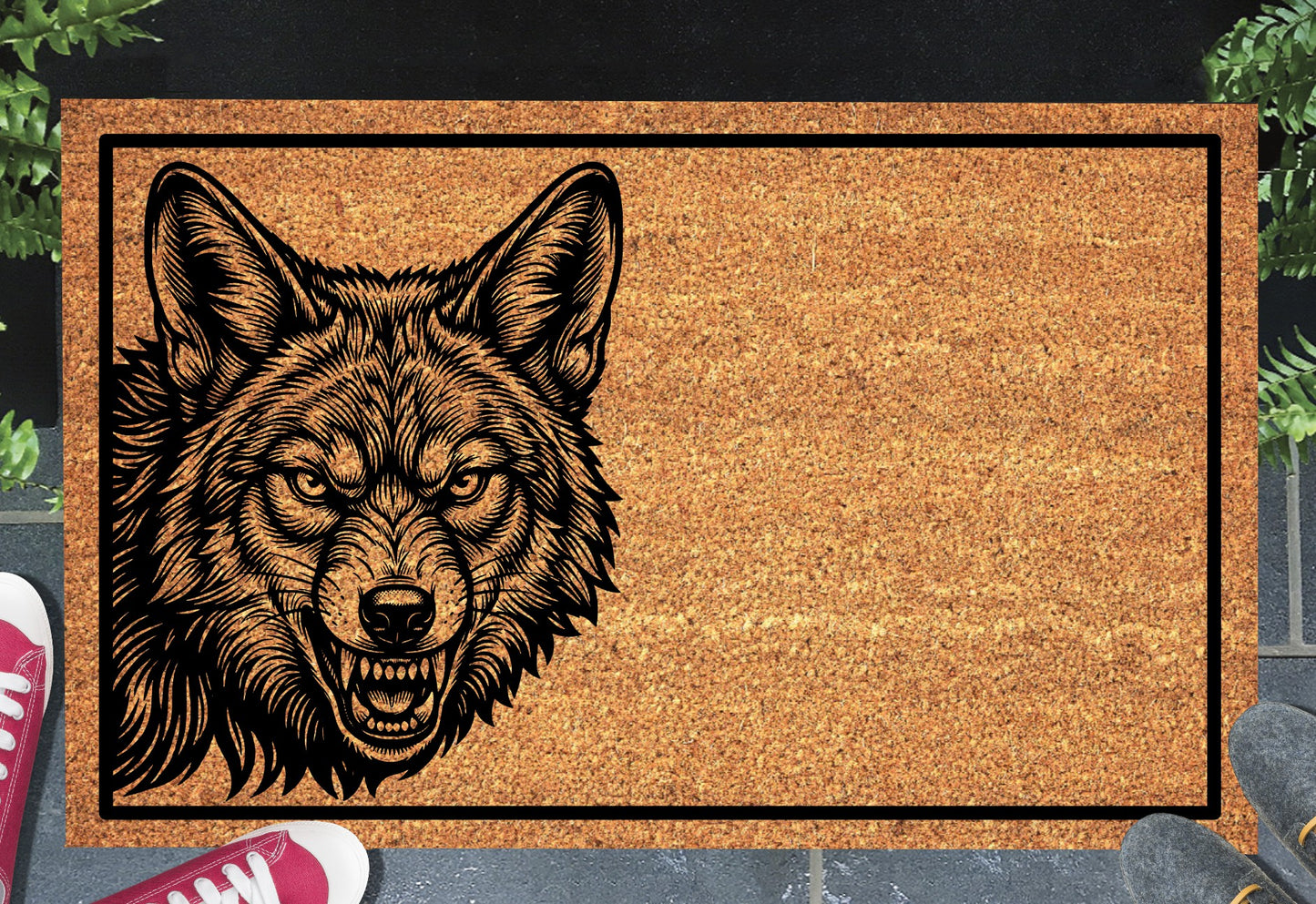 Coyote Peeking Doormat #3 shown on a front doorstep — etched-style snarling coyote face peering from the left side on a natural coir mat with black border
