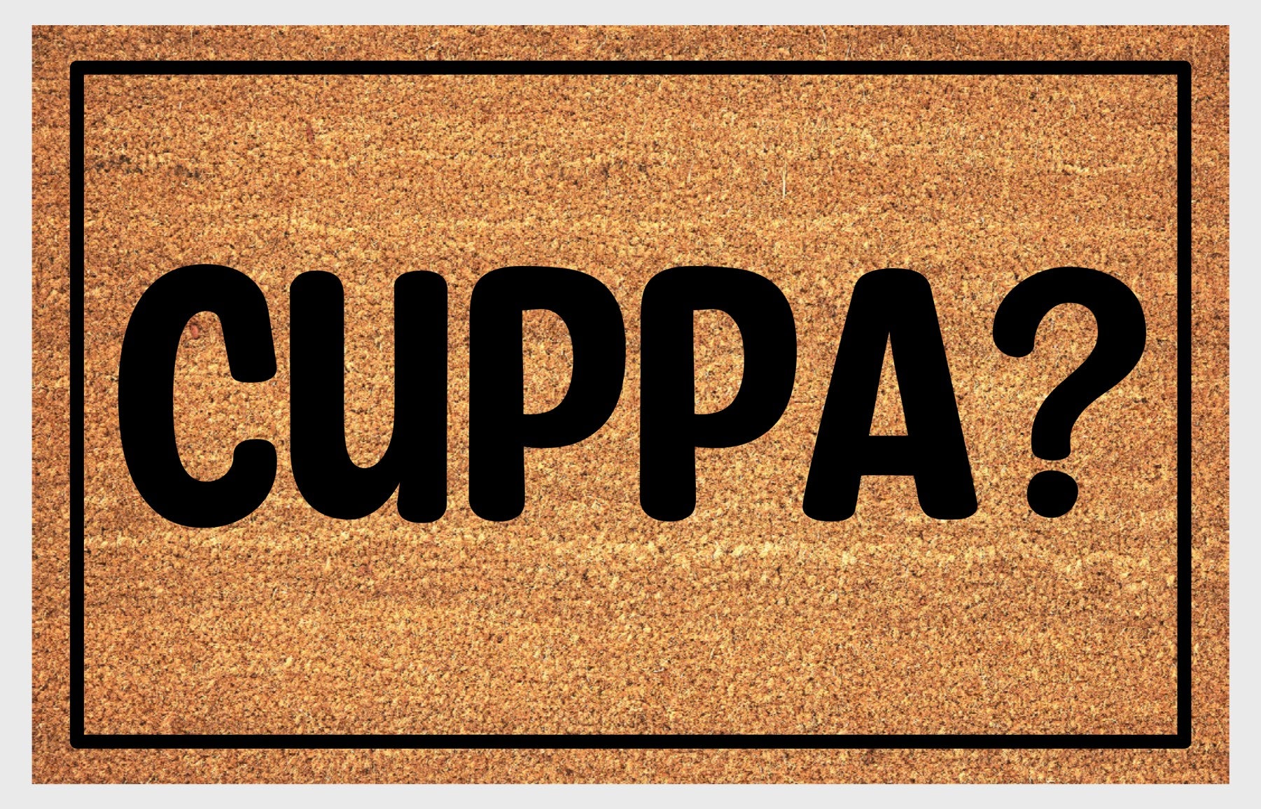 Cuppa British welcome mat flat lay – durable coir fiber with non-slip backing