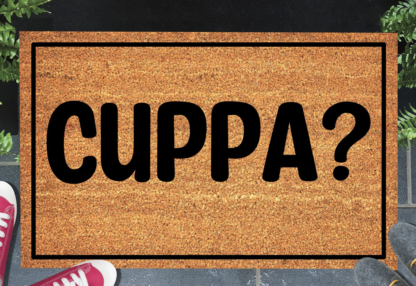 Cuppa British tea doormat in entryway – natural coir welcome mat