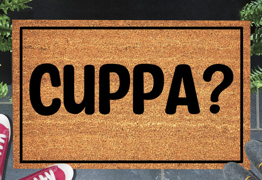 Cuppa British tea doormat in entryway – natural coir welcome mat