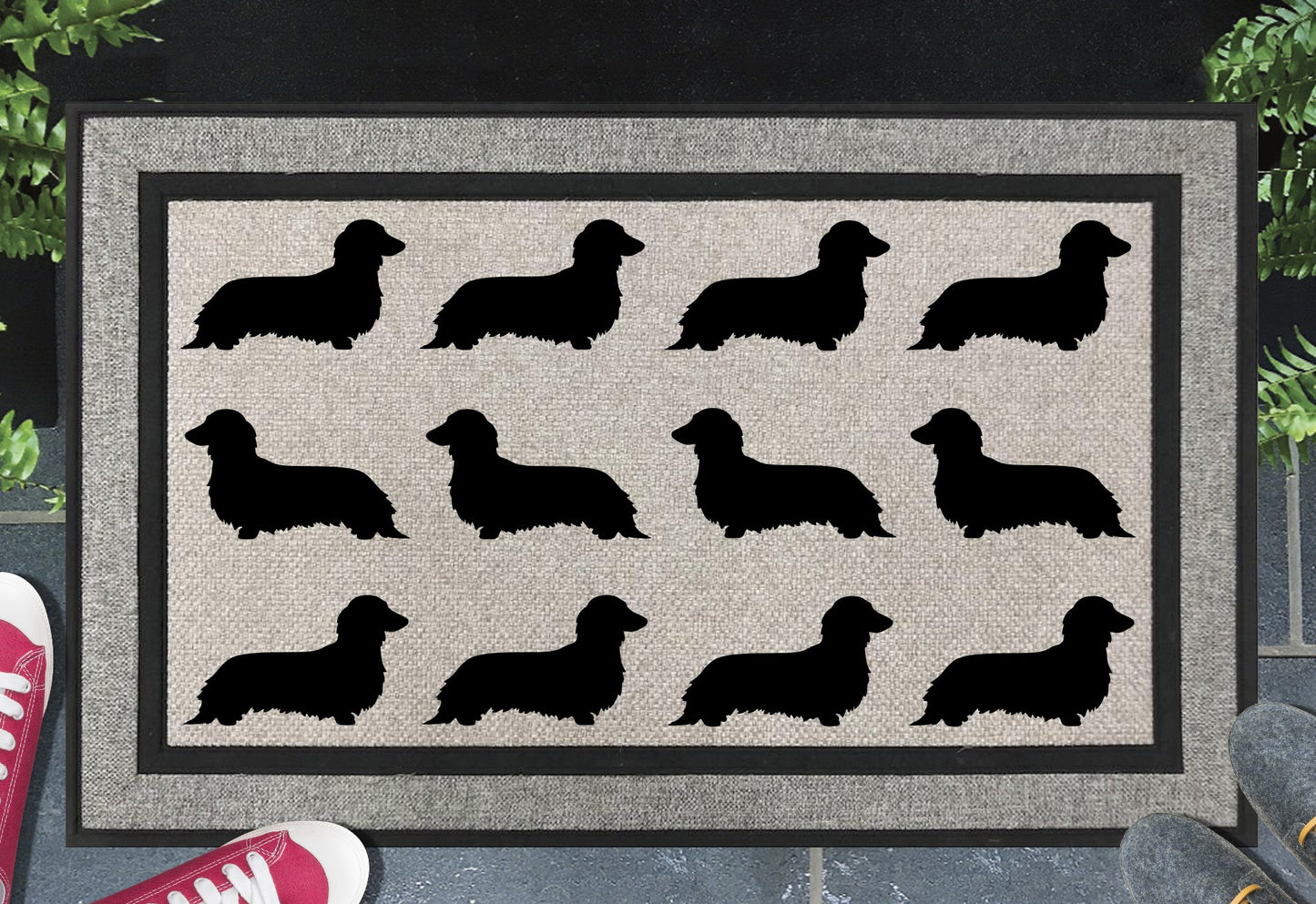Long hair dachshund silhouette all weather doormat #2 with rows of dachshund pattern - 18x30 size