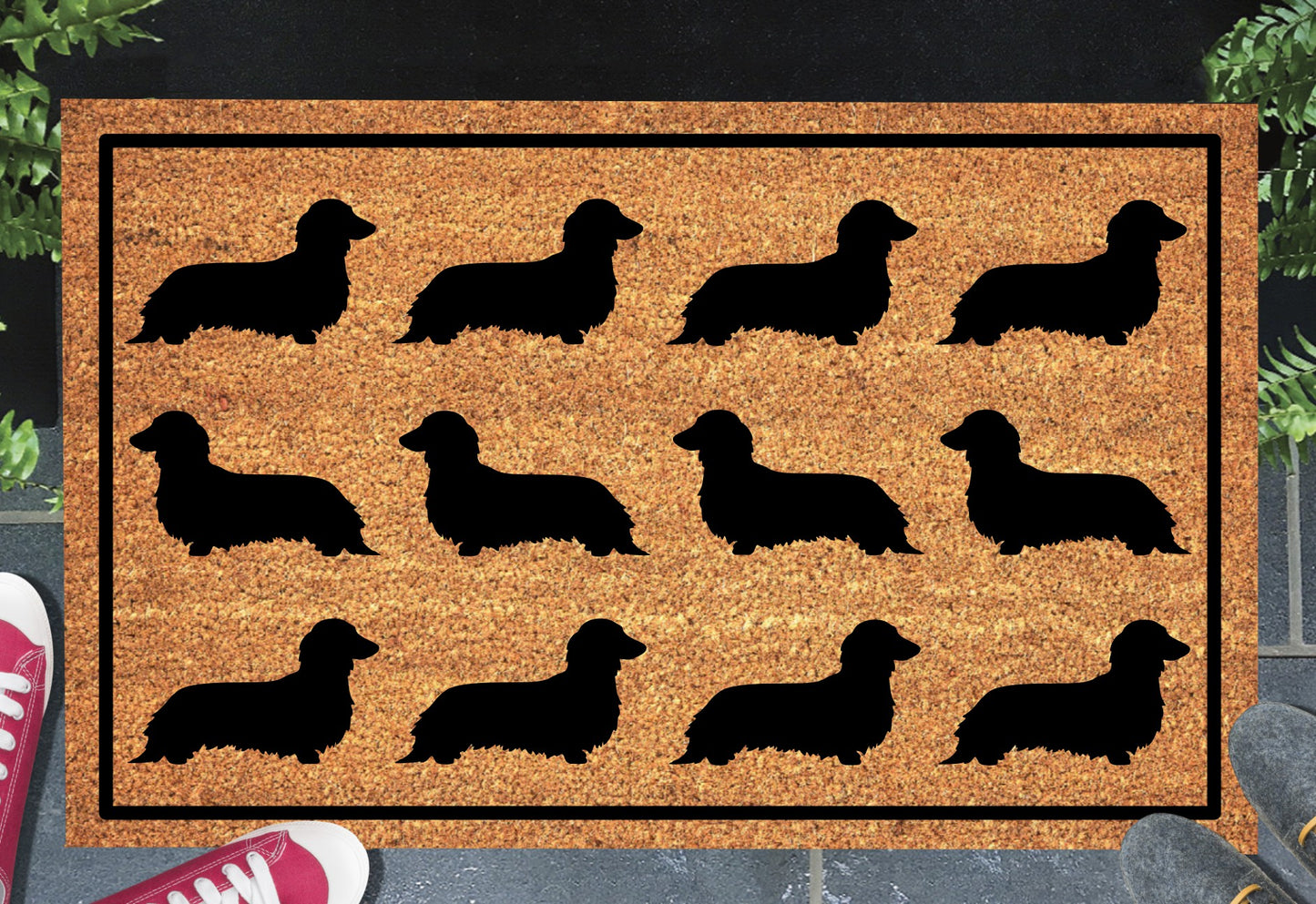 Long hair dachshund silhouette doormat #2 with rows of dachshund pattern placed at front door entrance