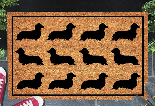 Long hair dachshund silhouette doormat #2 with rows of dachshund pattern placed at front door entrance