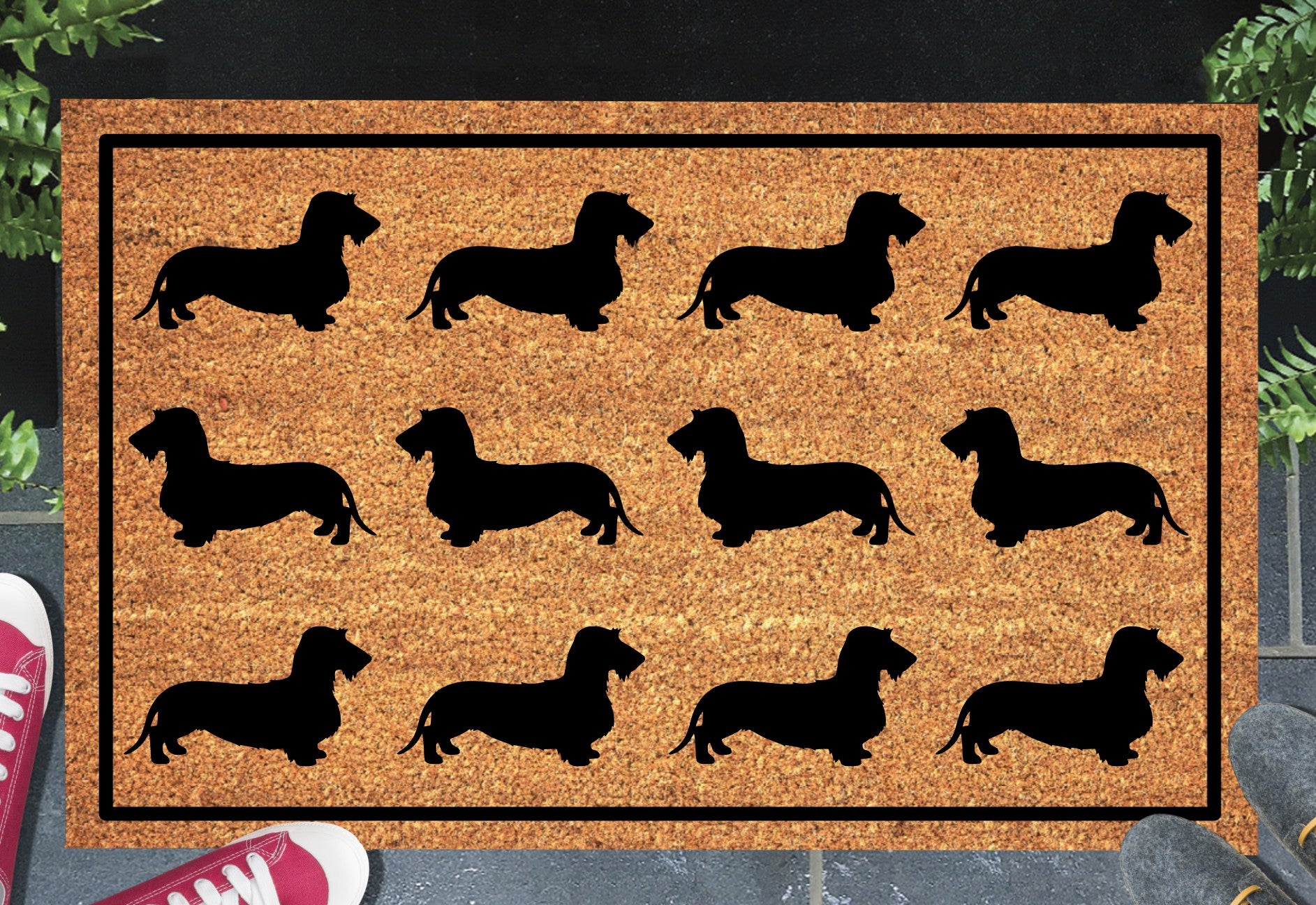 Wire hair dachshund silhouette doormat #3 with rows of dachshund pattern placed at front door entrance