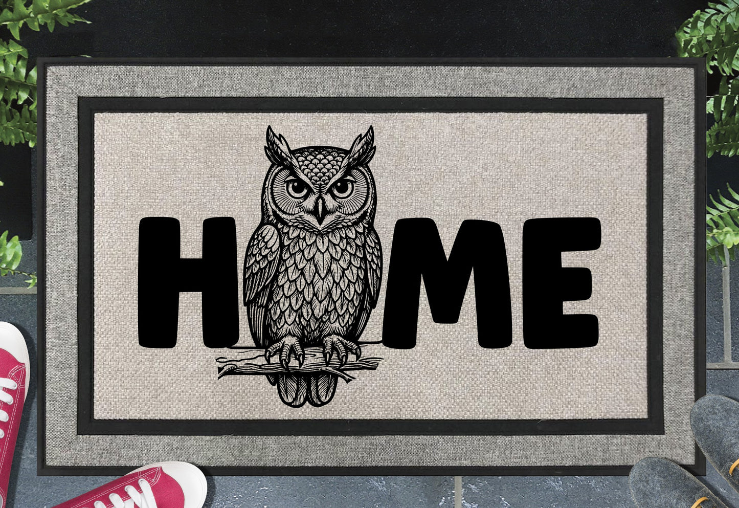 Eastern Screech Owl HOME all-weather doormat – UV-resistant woven polyester owl welcome mat