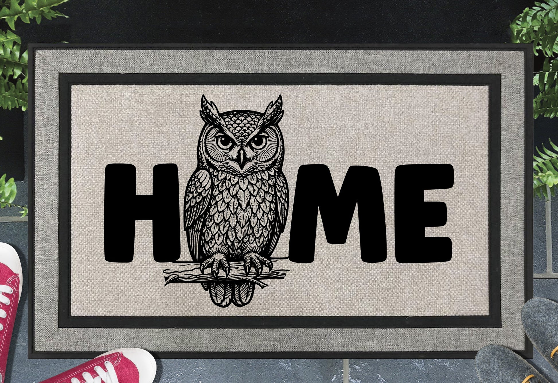 Eastern Screech Owl HOME all-weather doormat – UV-resistant woven polyester owl welcome mat