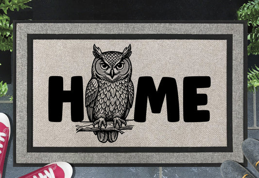 Eastern Screech Owl HOME all-weather doormat – UV-resistant woven polyester owl welcome mat