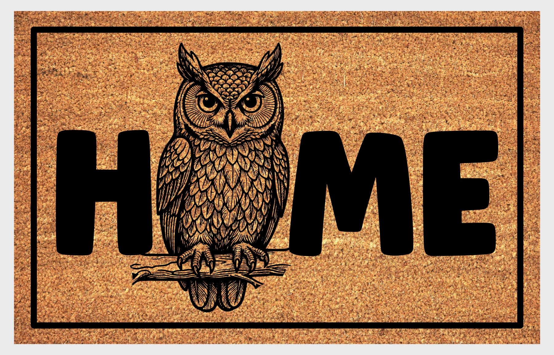 Eastern Screech Owl welcome mat flat lay – durable coir fiber with non-slip backing