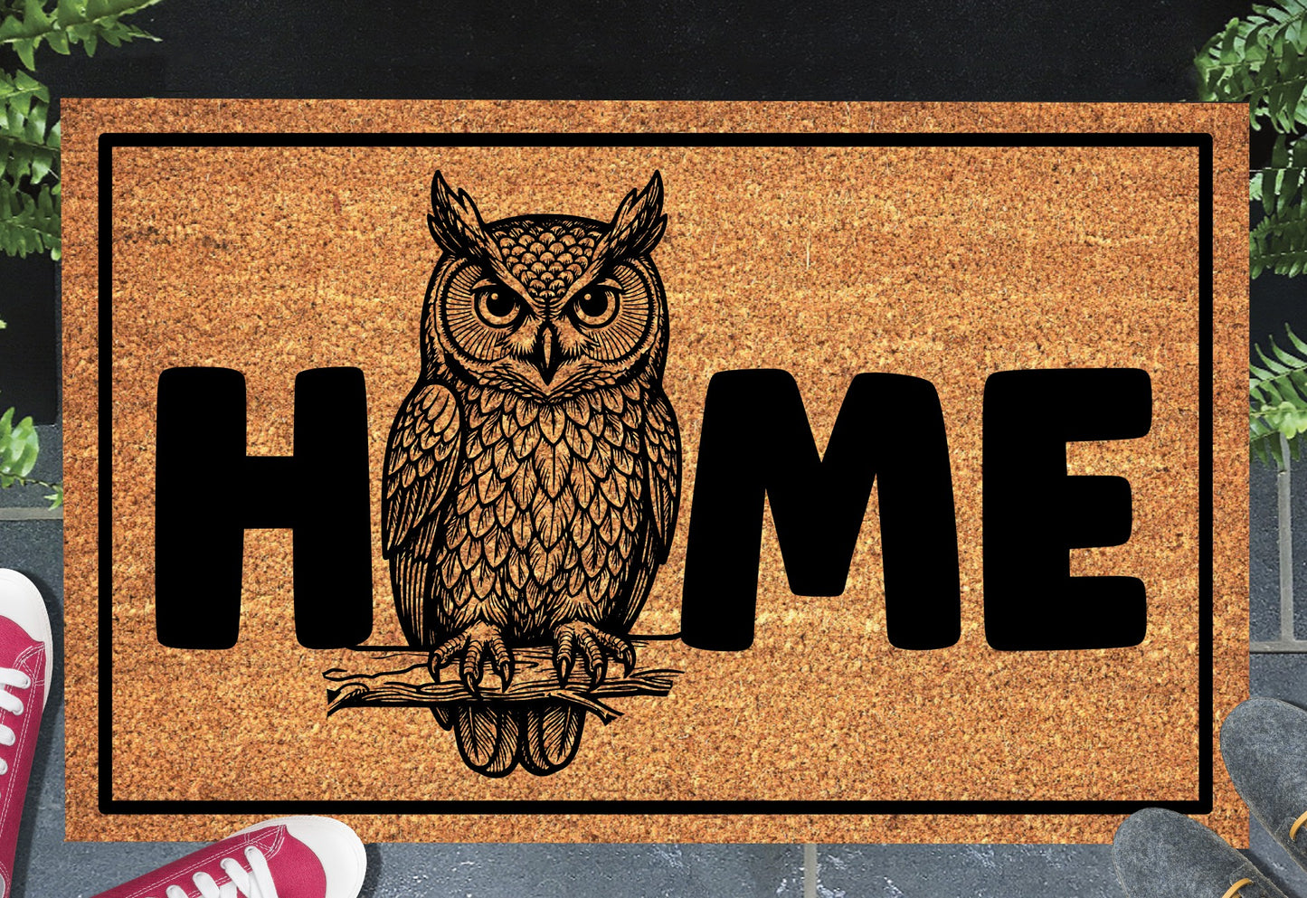 Eastern Screech Owl HOME doormat in entryway – natural coir owl welcome mat
