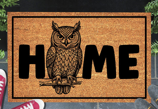 Eastern Screech Owl HOME doormat in entryway – natural coir owl welcome mat