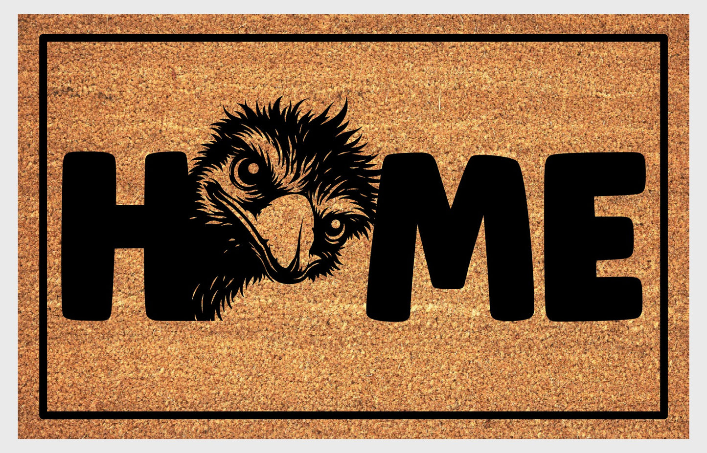 Emu Doormat #2 — coir welcome mat with emu head design spelling HOME, natural tan coir with black border