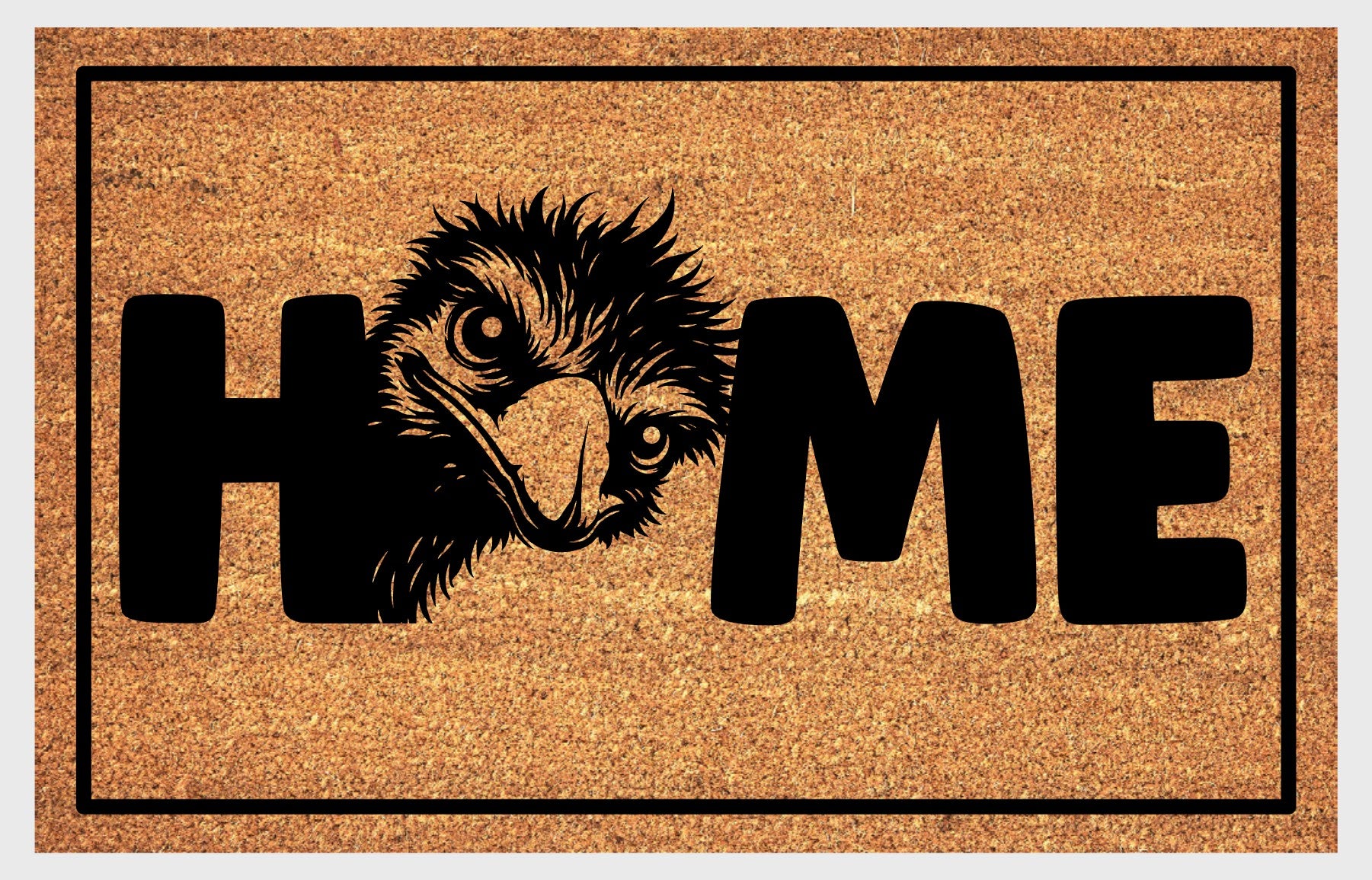 Emu Doormat #2 — coir welcome mat with emu head design spelling HOME, natural tan coir with black border
