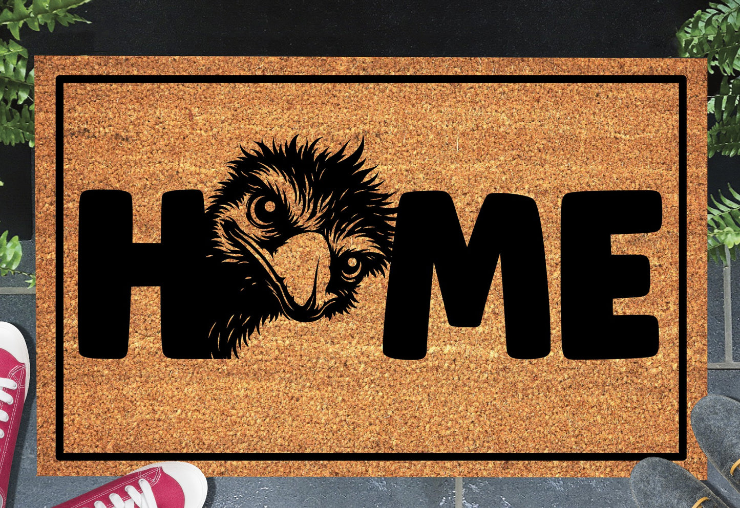 Emu Doormat #2 on a front doorstep — coir emu HOME welcome mat styled with plants and shoes