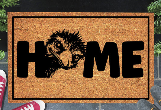 Emu Doormat #2 on a front doorstep — coir emu HOME welcome mat styled with plants and shoes