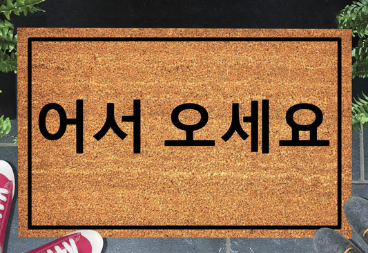 Eoseo oseyo Korean welcome doormat placed at front door entrance