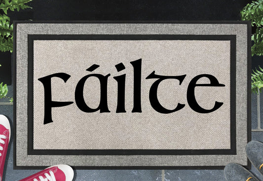 Failte Doormat #1 all weather mat with Irish welcome text placed at front door entryway
