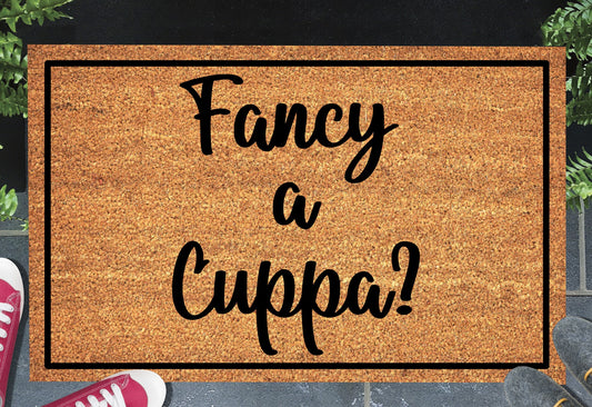 Fancy a Cuppa British tea doormat in entryway – natural coir welcome mat
