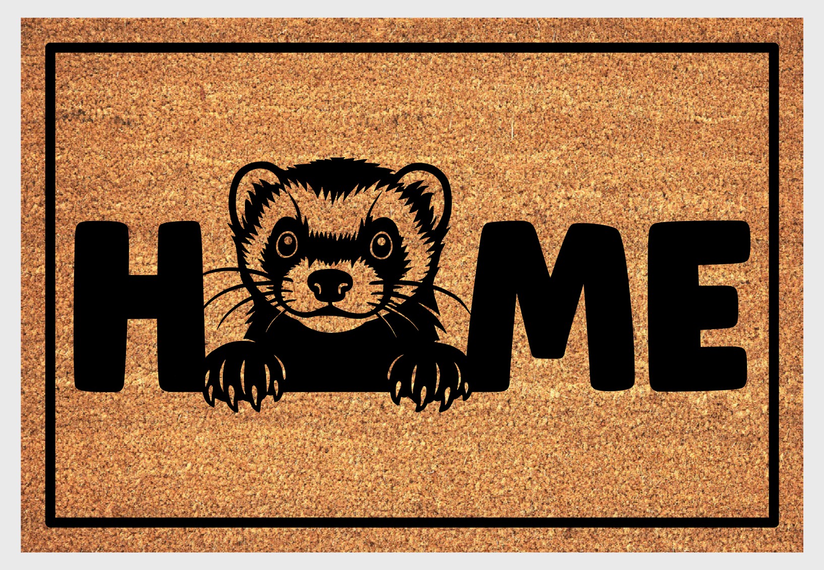 Close-up of ferret design with 'home' text on natural coconut fiber doormat