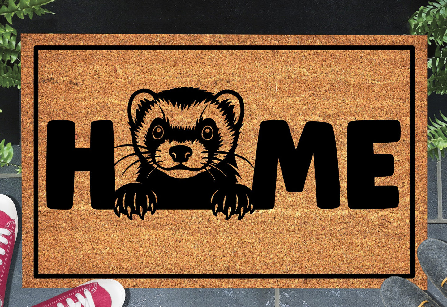 Ferret Home Doormat - Natural coir welcome mat featuring ferret design with 'home' text and non-slip backing