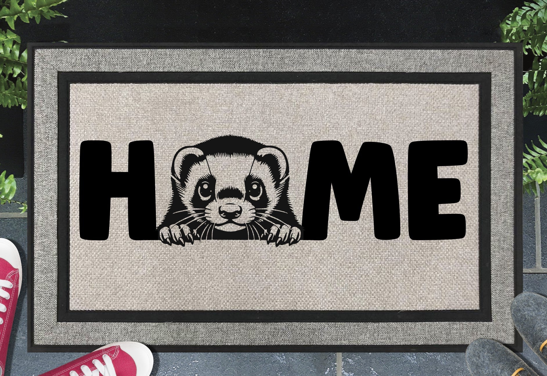 Ferret Doormat #2 - All weather rubber welcome mat featuring ferret design with 'home' text and non-slip backing
